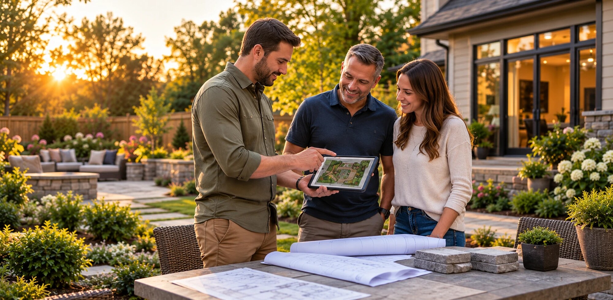 Designer reviewing a landscape plan on a tablet with homeowners